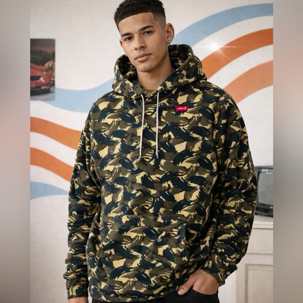 ‘90s Vintage Levi's Olive Camouflage Pullover Drawstring Fleece Hoodie Size L